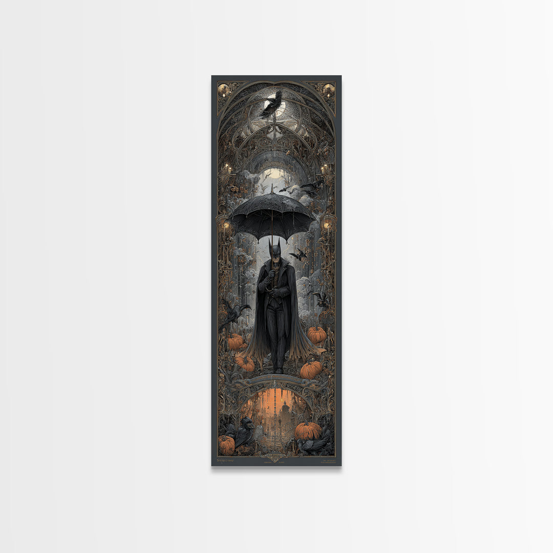 The Bat Umbrella Salesman, Tall Narrow Wall Art, Dark Halloween Decor, Canvas Print, Halloween Wall Decor, Gothic Home Decor