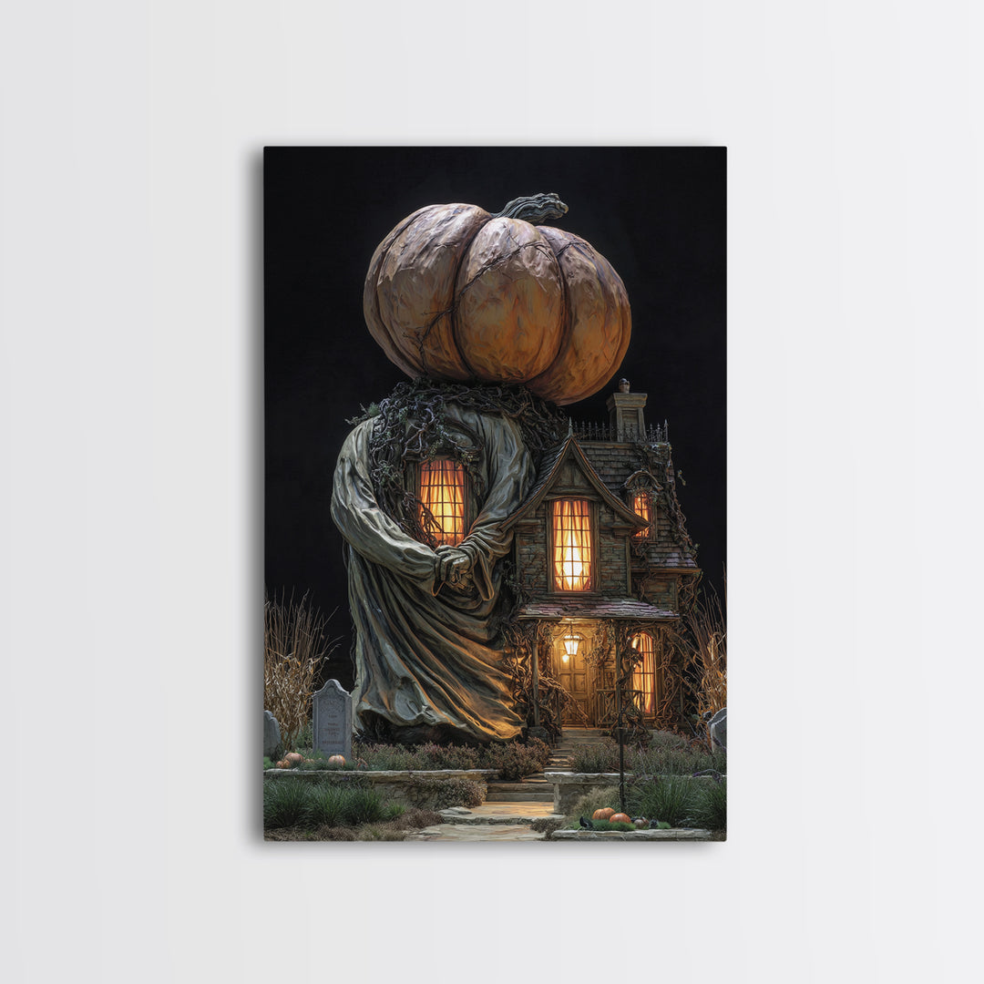 The Pumpkin-House Neighborhood, Vertical Wall Art, Macabre Wall Art, Framed Canvas Print, Halloween Wall Decor, Gothic Home Decor