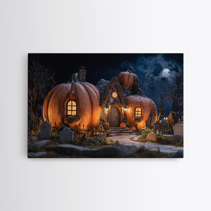 The Pumpkin-House Neighborhood, Landscape Wall Art, Dark Halloween Decor, Canvas Print, Halloween Wall Decor, Gothic Home Decor