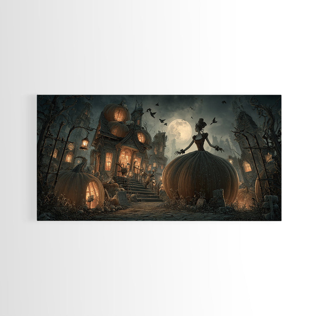The Pumpkin-House Neighborhood, Wide Panoramic Art, Gothic Horror Wall Art, Framed Canvas Print, Halloween Wall Decor, Gothic Home Decor