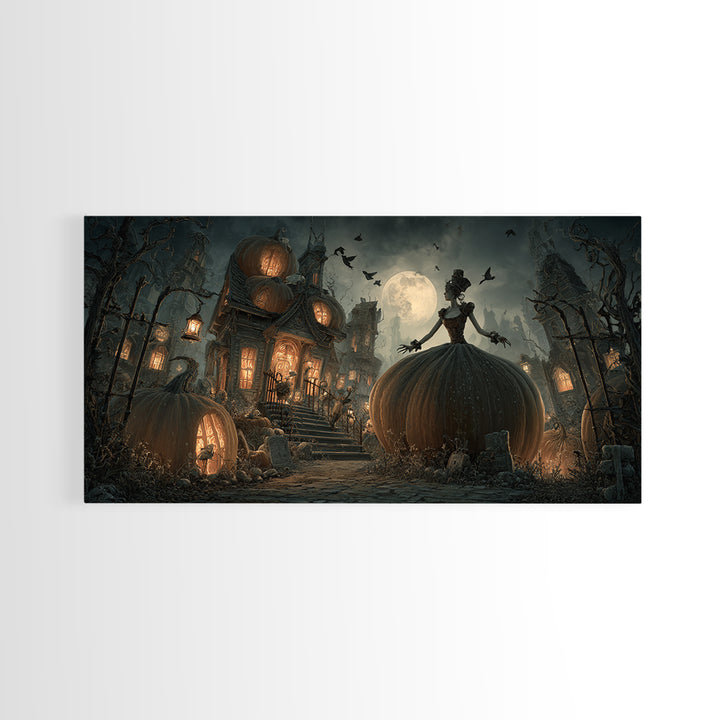 The Pumpkin-House Neighborhood, Wide Panoramic Art, Gothic Horror Wall Art, Framed Canvas Print, Halloween Wall Decor, Gothic Home Decor