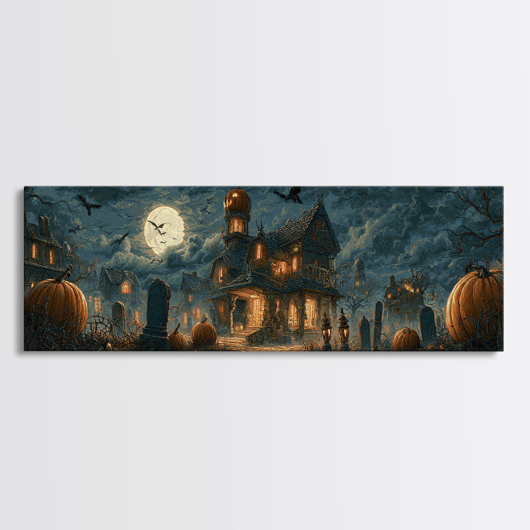 The Pumpkin-House Neighborhood, Extra Wide Wall Art, Spooky Home Decor, Canvas Print, Halloween Wall Decor, Gothic Home Decor