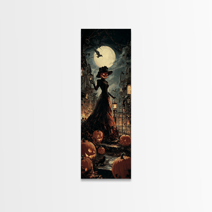 The Pumpkin-House Neighborhood, Tall Narrow Wall Art, Macabre Wall Art, Framed Canvas Print, Halloween Wall Decor, Gothic Home Decor