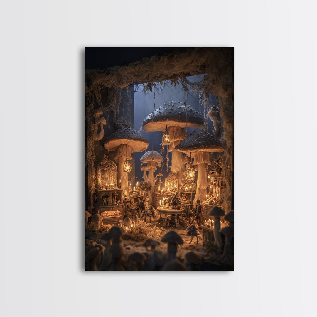 The Moonlit Mushroom Village, Vertical Wall Art, Dark Halloween Decor, Canvas Print, Halloween Wall Decor, Gothic Home Decor
