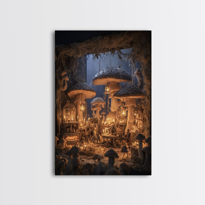 The Moonlit Mushroom Village, Vertical Wall Art, Dark Halloween Decor, Canvas Print, Halloween Wall Decor, Gothic Home Decor