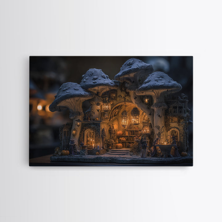 The Moonlit Mushroom Village, Landscape Wall Art, Dark Fantasy Wall Art, Canvas Print, Halloween Wall Decor, Gothic Home Decor