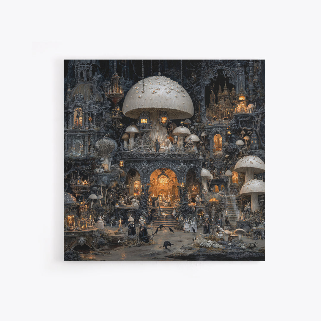 The Moonlit Mushroom Village, Square Wall Art, Dark Halloween Decor, Canvas Print, Halloween Wall Decor, Gothic Home Decor