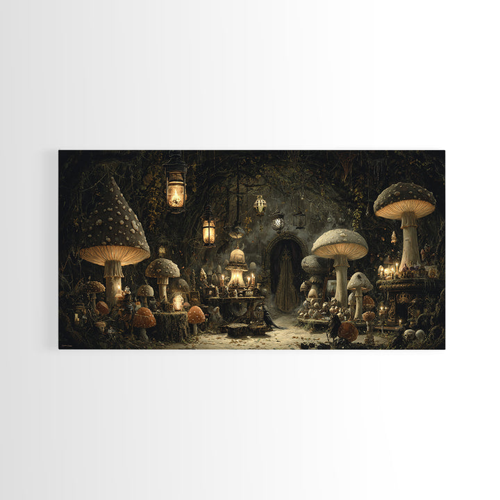 The Moonlit Mushroom Village, Wide Panoramic Art, Macabre Wall Art, Framed Canvas Print, Halloween Wall Decor, Gothic Home Decor