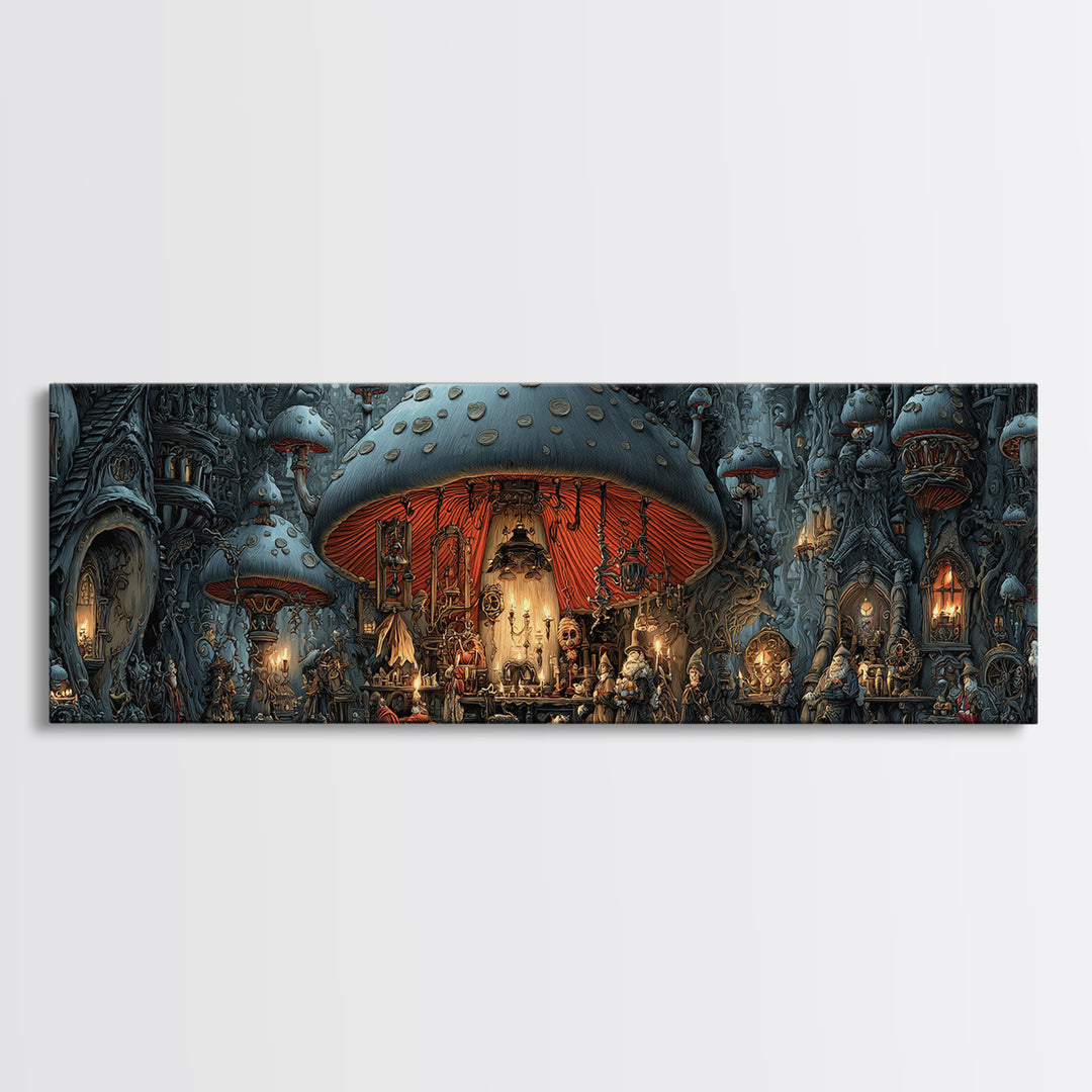 The Moonlit Mushroom Village, Extra Wide Wall Art, Gothic Horror Wall Art, Framed Canvas Print, Halloween Wall Decor, Gothic Home Decor