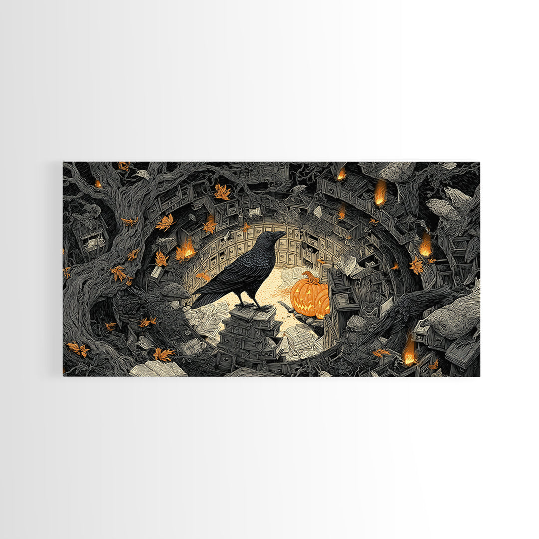 The Raven Post Office, Wide Panoramic Art, Spooky Home Decor, Canvas Print, Halloween Wall Decor, Gothic Home Decor, Halloween Wall Art