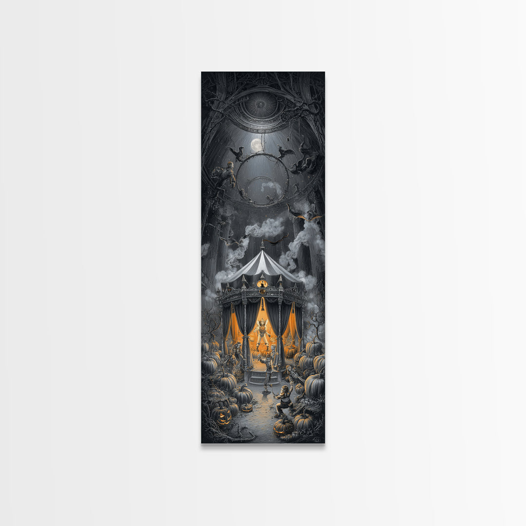 The Jack-O'-Lantern Circus, Tall Narrow Wall Art, Gothic Horror Wall Art, Framed Canvas Print, Halloween Wall Decor, Gothic Home Decor