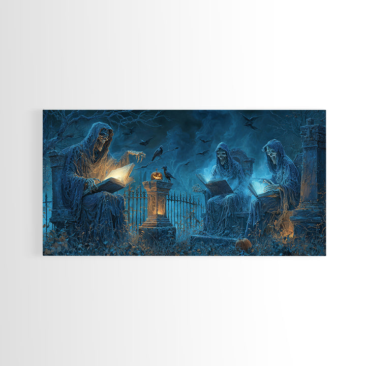 The Graveyard Book Club, Wide Panoramic Art, Macabre Wall Art, Framed Canvas Print, Halloween Wall Decor, Gothic Home Decor, Horror Wall Art