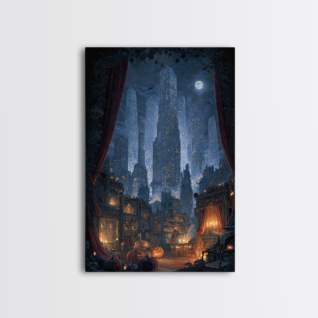 The Haunted City Skyline, Vertical Wall Art, Haunted Gothic Art, Framed Canvas Print, Halloween Wall Decor, Gothic Home Decor
