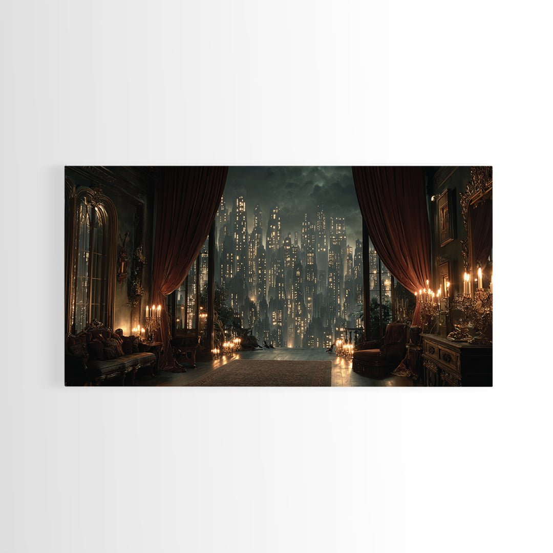The Haunted City Skyline, Wide Panoramic Art, Dark Fantasy Wall Art, Canvas Print, Halloween Wall Decor, Gothic Home Decor
