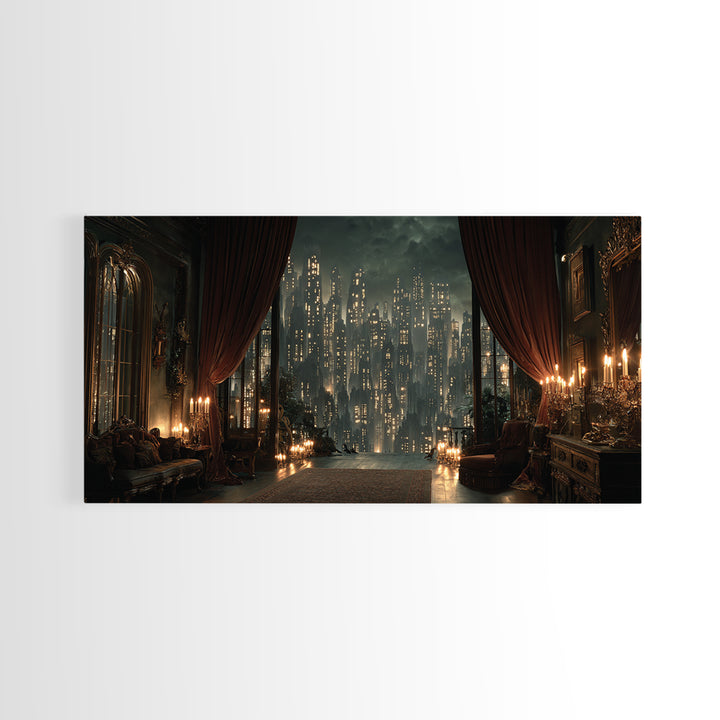 The Haunted City Skyline, Wide Panoramic Art, Dark Fantasy Wall Art, Canvas Print, Halloween Wall Decor, Gothic Home Decor