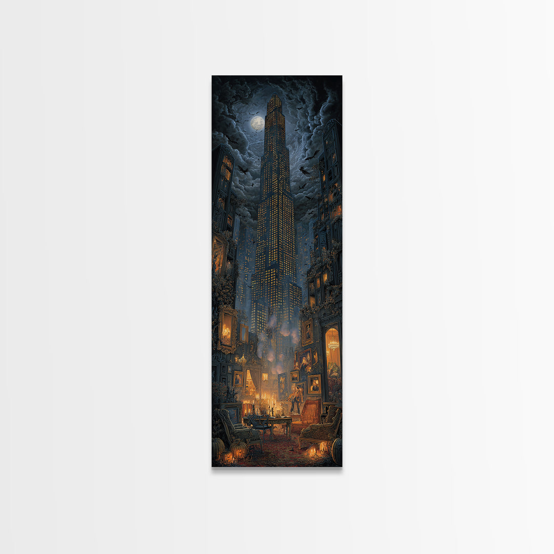 The Haunted City Skyline, Tall Narrow Wall Art, Haunted Gothic Art, Framed Canvas Print, Halloween Wall Decor, Gothic Home Decor