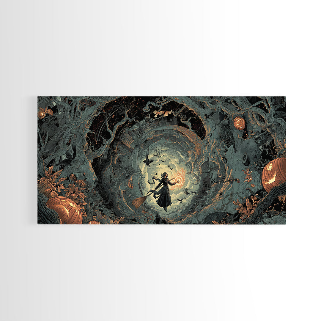 The Cyberpunk Witch, Wide Panoramic Art, Haunted Gothic Art, Framed Canvas Print, Halloween Wall Decor, Gothic Home Decor