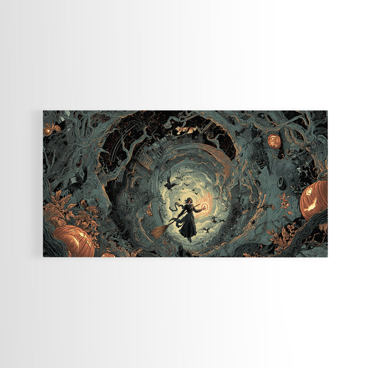 The Cyberpunk Witch, Wide Panoramic Art, Haunted Gothic Art, Framed Canvas Print, Halloween Wall Decor, Gothic Home Decor