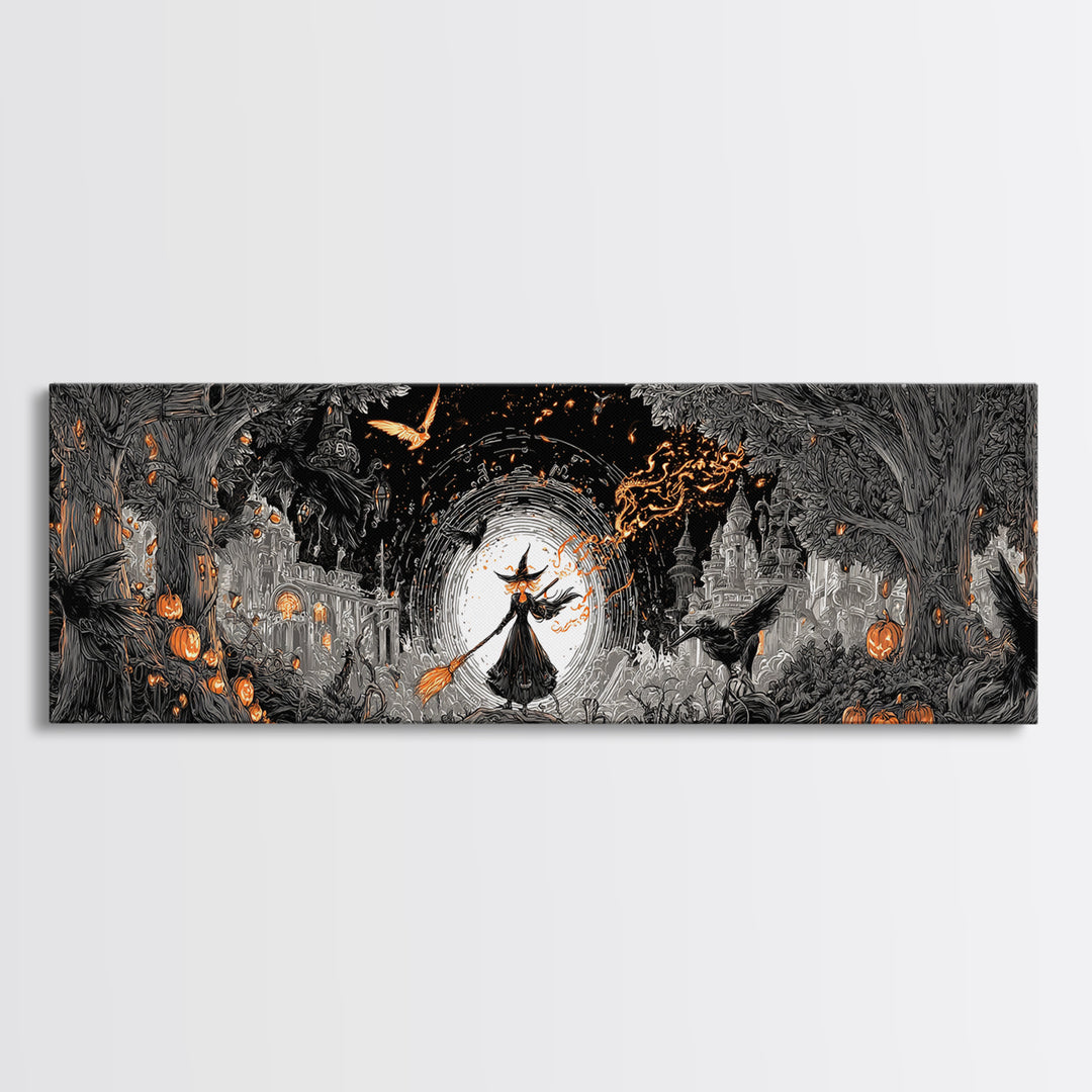 The Cyberpunk Witch, Extra Wide Wall Art, Macabre Wall Art, Framed Canvas Print, Halloween Wall Decor, Gothic Home Decor