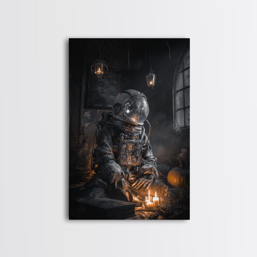 The Astronaut Ghost, Vertical Wall Art, Haunted Gothic Art, Framed Canvas Print, Halloween Wall Decor, Gothic Home Decor, Horror Wall Art