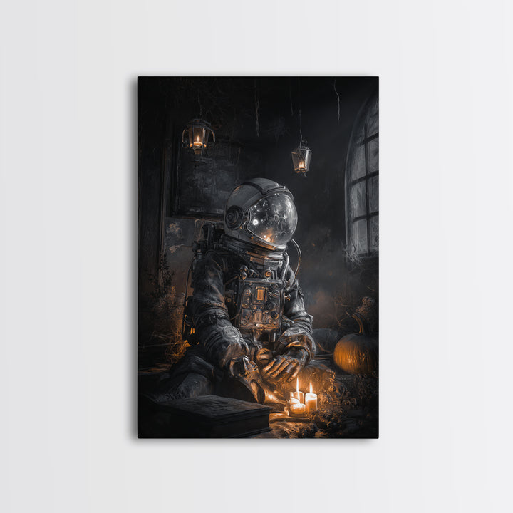 The Astronaut Ghost, Vertical Wall Art, Haunted Gothic Art, Framed Canvas Print, Halloween Wall Decor, Gothic Home Decor, Horror Wall Art