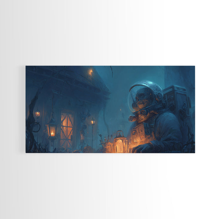 The Astronaut Ghost, Wide Panoramic Art, Dark Fantasy Wall Art, Canvas Print, Halloween Wall Decor, Gothic Home Decor
