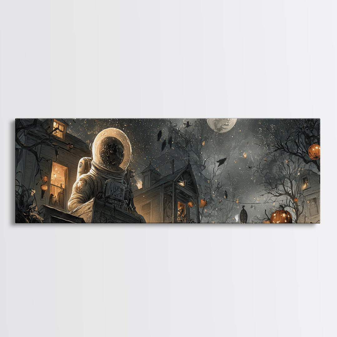 The Astronaut Ghost, Extra Wide Wall Art, Macabre Wall Art, Framed Canvas Print, Halloween Wall Decor, Gothic Home Decor, Halloween Wall Art