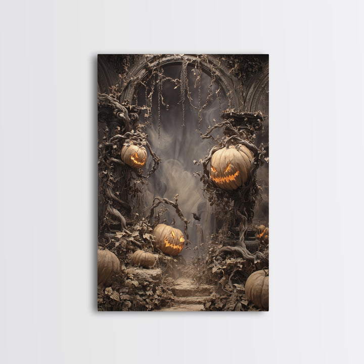 The Alien Pumpkin Patch, Vertical Wall Art, Haunted Gothic Art, Framed Canvas Print, Halloween Wall Decor, Gothic Home Decor