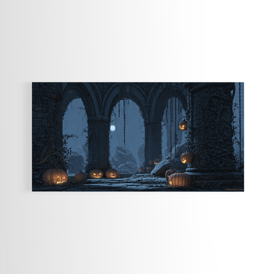 The Alien Pumpkin Patch, Wide Panoramic Art, Gothic Horror Wall Art, Framed Canvas Print, Halloween Wall Decor, Gothic Home Decor