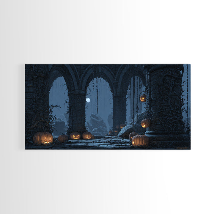 The Alien Pumpkin Patch, Wide Panoramic Art, Gothic Horror Wall Art, Framed Canvas Print, Halloween Wall Decor, Gothic Home Decor