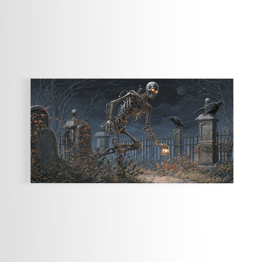 The Biomechanical Skeleton, Wide Panoramic Art, Gothic Horror Wall Art, Framed Canvas Print, Halloween Wall Decor, Gothic Home Decor