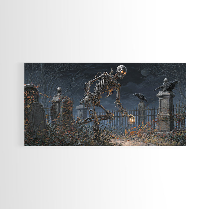 The Biomechanical Skeleton, Wide Panoramic Art, Gothic Horror Wall Art, Framed Canvas Print, Halloween Wall Decor, Gothic Home Decor