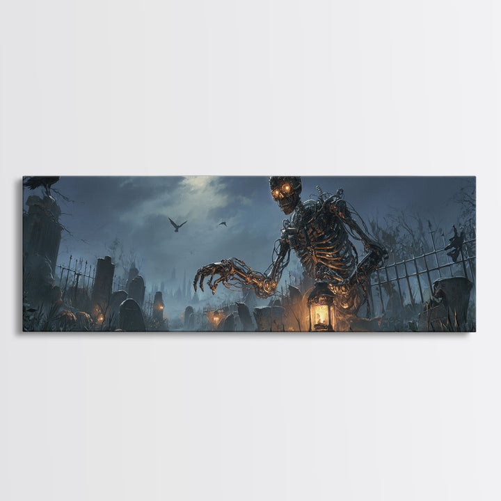 The Biomechanical Skeleton, Extra Wide Wall Art, Dark Fantasy Wall Art, Canvas Print, Halloween Wall Decor, Gothic Home Decor