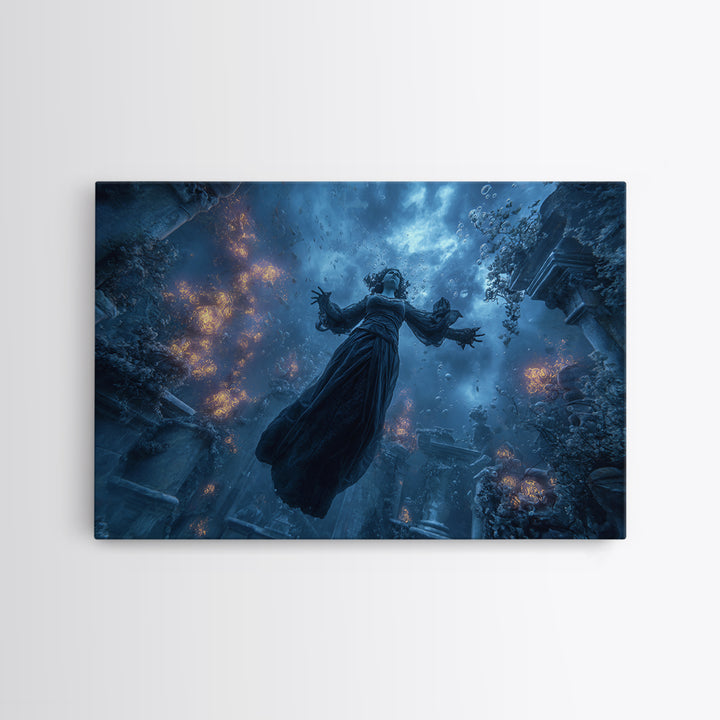 The Underwater Graveyard, Landscape Wall Art, Gothic Horror Wall Art, Framed Canvas Print, Halloween Wall Decor, Gothic Home Decor