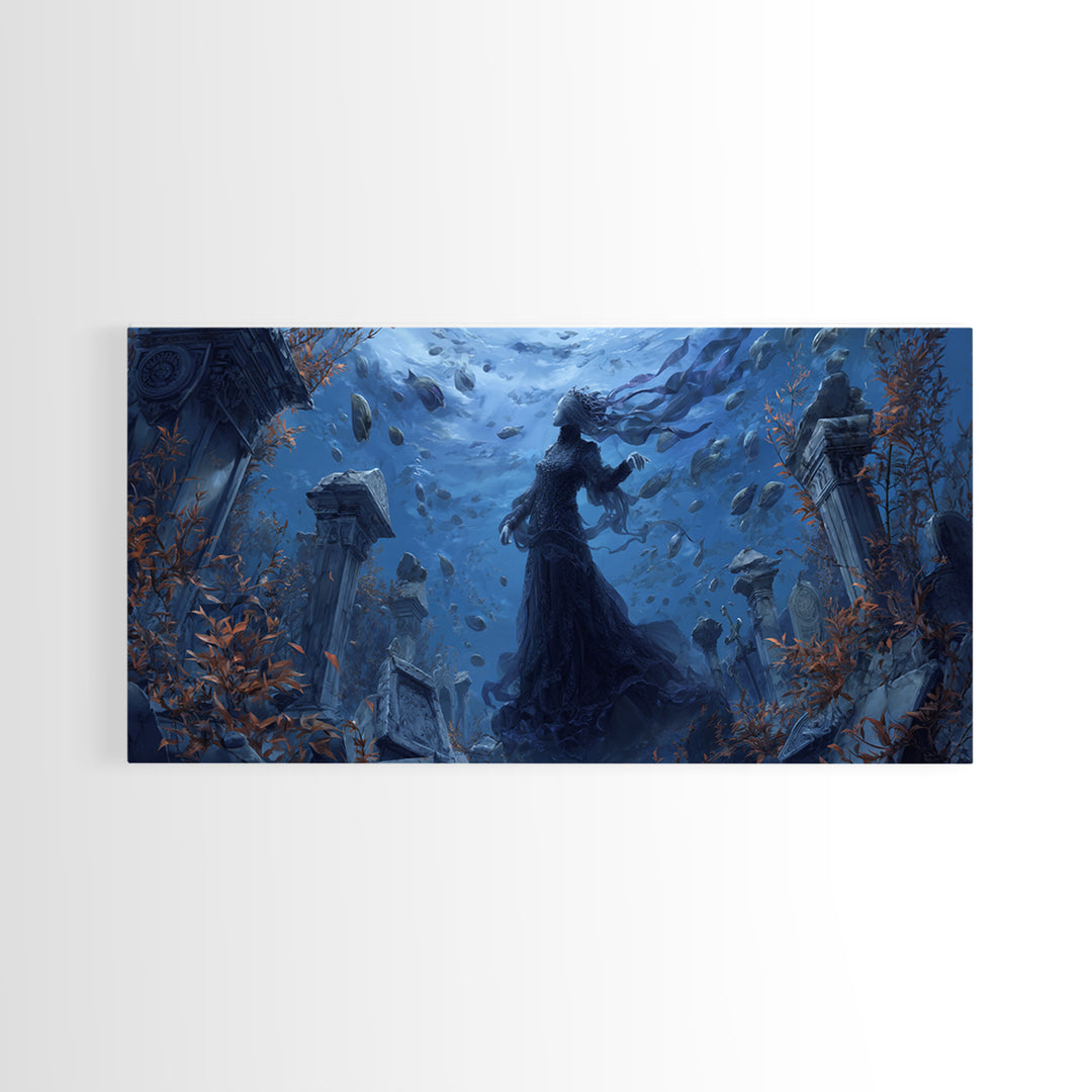 The Underwater Graveyard, Wide Panoramic Art, Haunted Gothic Art, Framed Canvas Print, Halloween Wall Decor, Gothic Home Decor