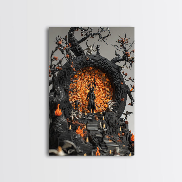 The Volcanic Demon Festival, Vertical Wall Art, Haunted Gothic Art, Framed Canvas Print, Halloween Wall Decor, Gothic Home Decor