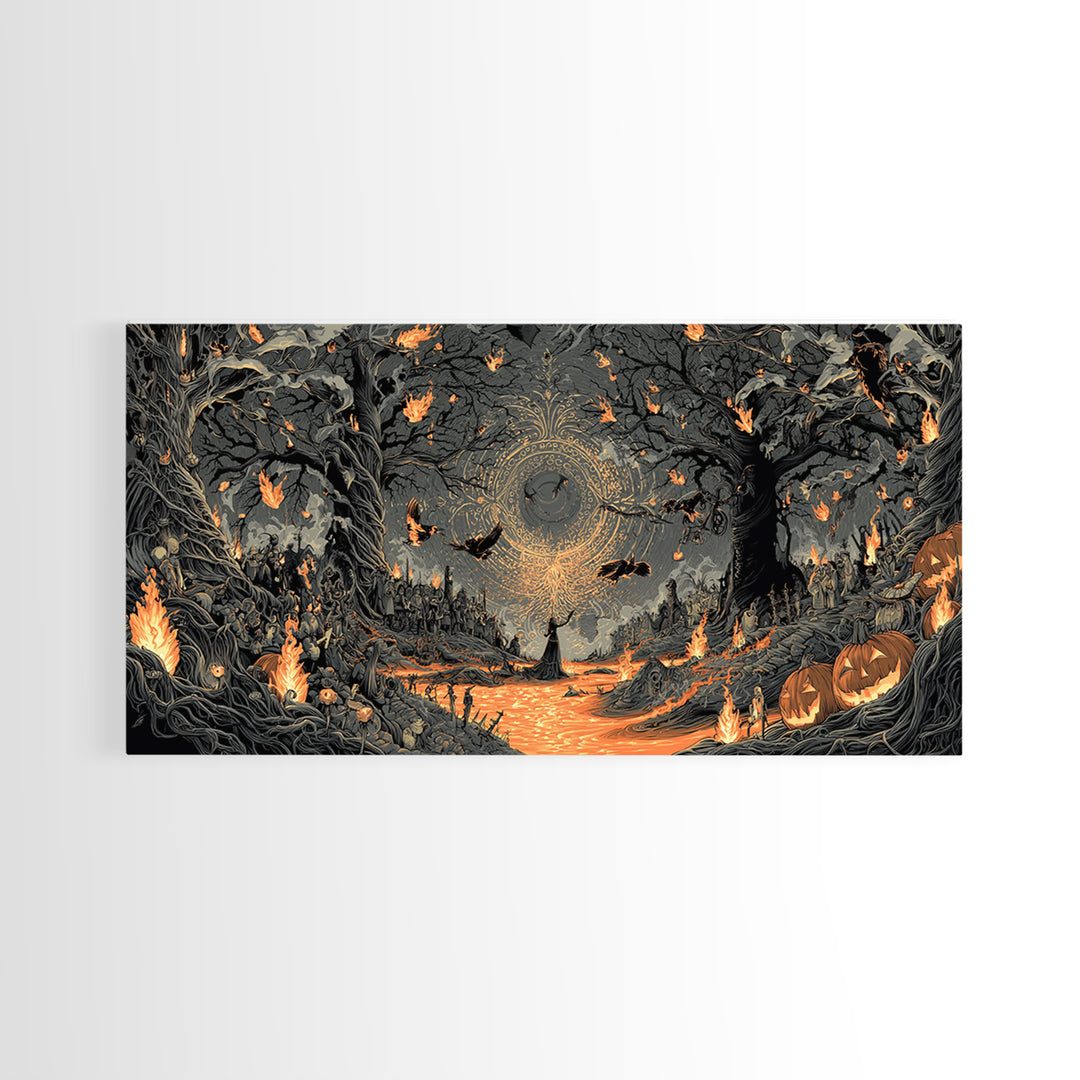 The Volcanic Demon Festival, Wide Panoramic Art, Haunted Gothic Art, Framed Canvas Print, Halloween Wall Decor, Gothic Home Decor