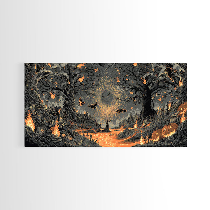 The Volcanic Demon Festival, Wide Panoramic Art, Haunted Gothic Art, Framed Canvas Print, Halloween Wall Decor, Gothic Home Decor