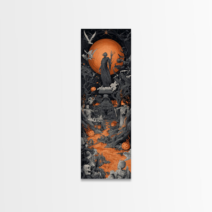The Volcanic Demon Festival, Tall Narrow Wall Art, Gothic Horror Wall Art, Framed Canvas Print, Halloween Wall Decor, Gothic Home Decor