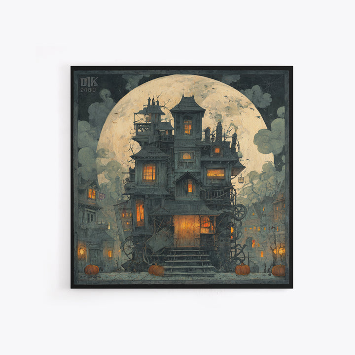The Clockwork Haunted House, Square Wall Art, Dark Fantasy Wall Art, Canvas Print, Halloween Wall Decor, Gothic Home Decor