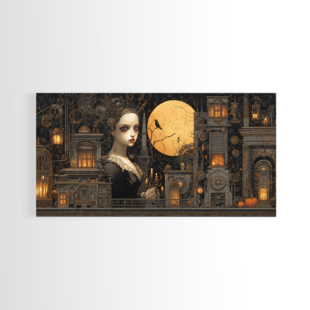 The Clockwork Haunted House, Wide Panoramic Art, Dark Halloween Decor, Canvas Print, Halloween Wall Decor, Gothic Home Decor