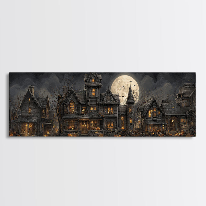 The Clockwork Haunted House, Extra Wide Wall Art, Dark Halloween Decor, Canvas Print, Halloween Wall Decor, Gothic Home Decor