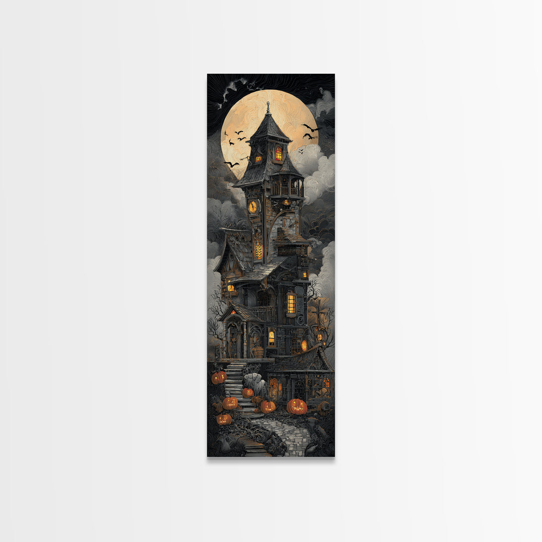 The Clockwork Haunted House, Tall Narrow Wall Art, Dark Fantasy Wall Art, Canvas Print, Halloween Wall Decor, Gothic Home Decor