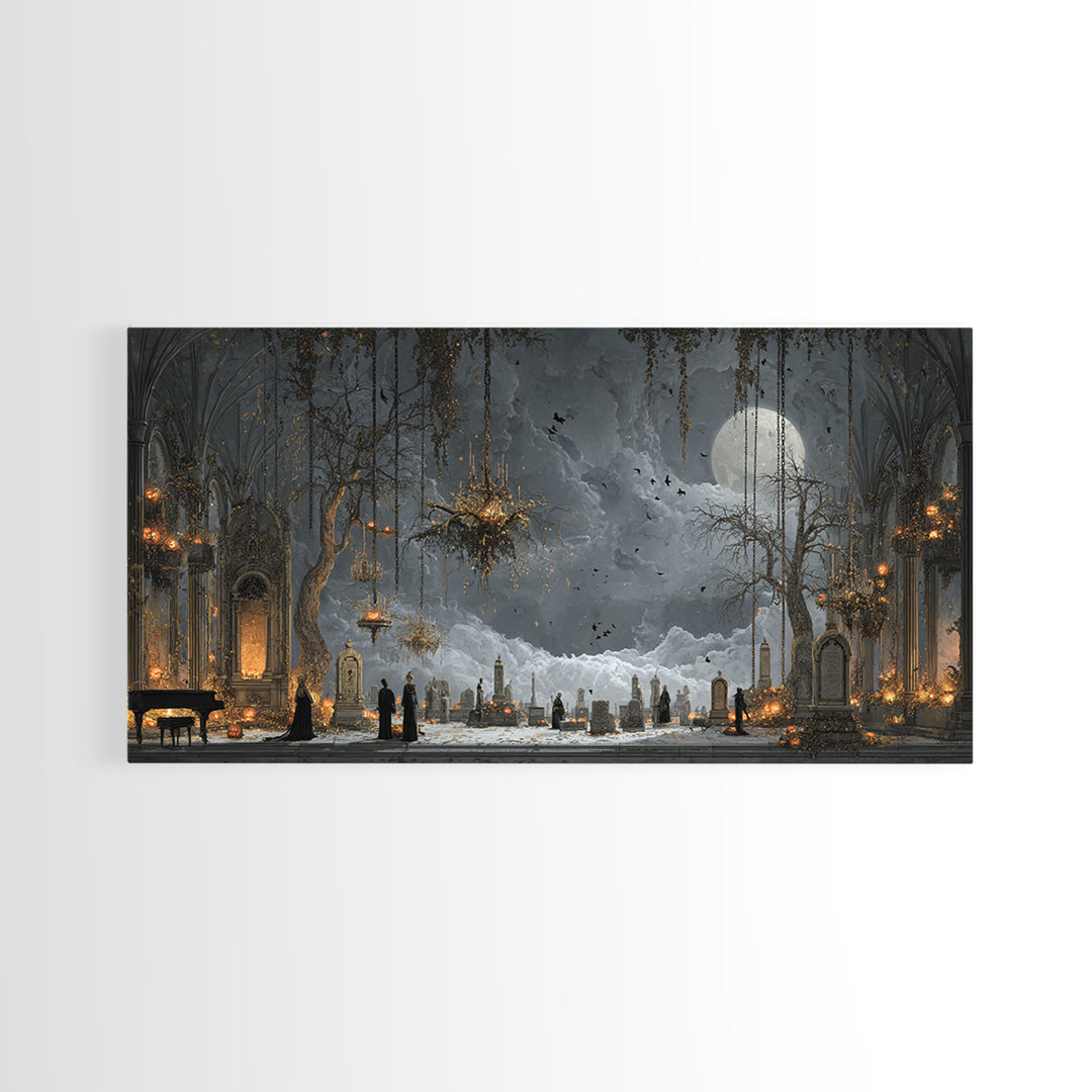 The Upside-Down Cemetery, Wide Panoramic Art, Macabre Wall Art, Framed Canvas Print, Halloween Wall Decor, Gothic Home Decor