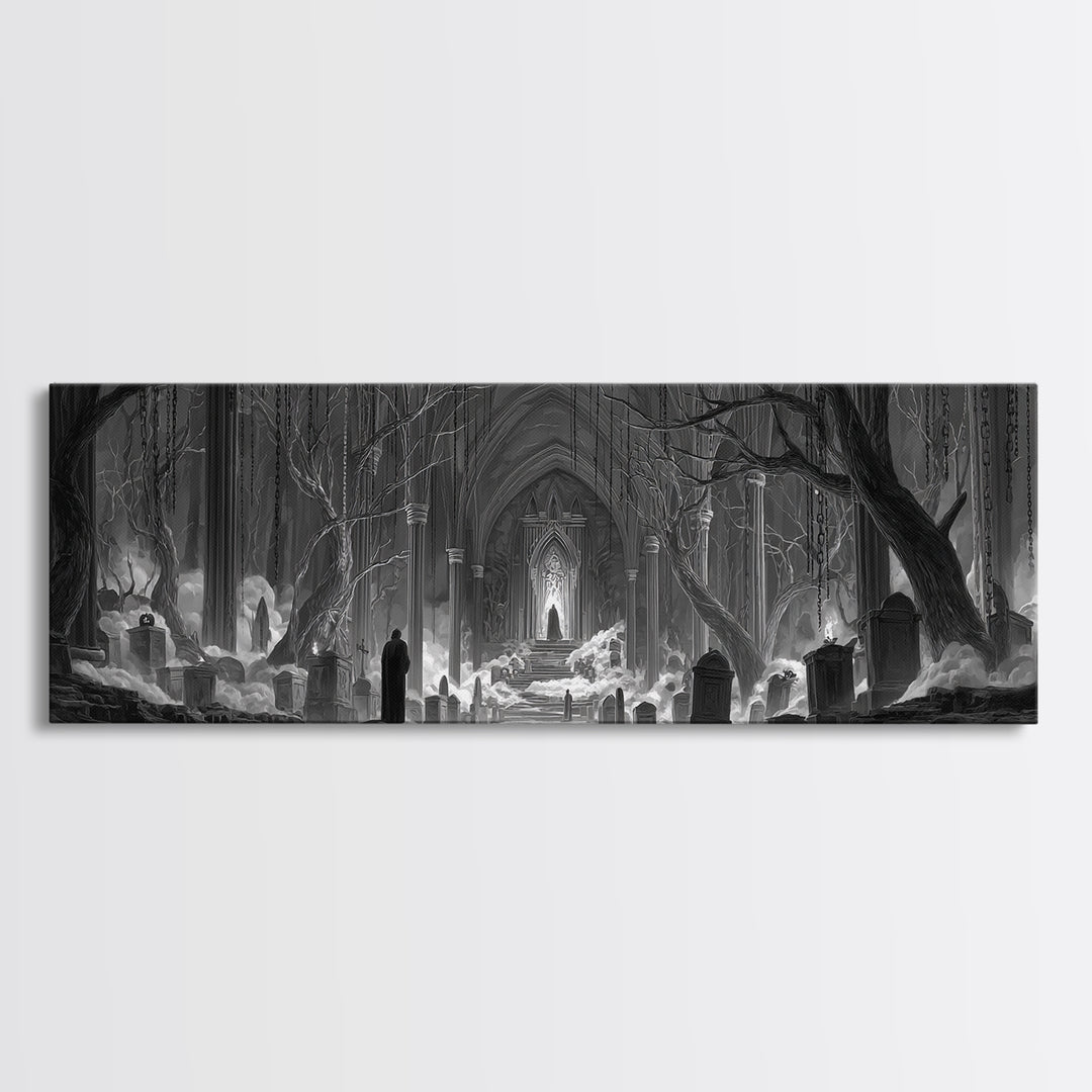 The Upside-Down Cemetery, Extra Wide Wall Art, Gothic Horror Wall Art, Framed Canvas Print, Halloween Wall Decor, Gothic Home Decor