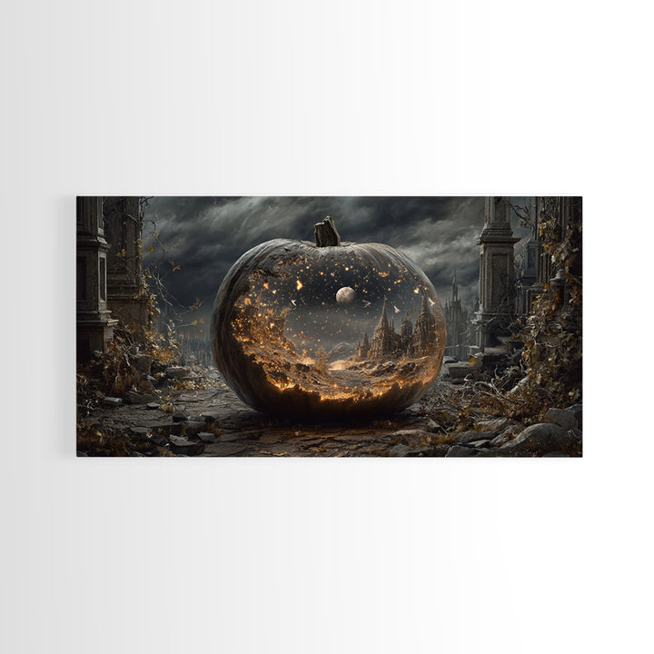 The Moon Inside A Pumpkin, Wide Panoramic Art, Dark Halloween Decor, Canvas Print, Halloween Wall Decor, Gothic Home Decor