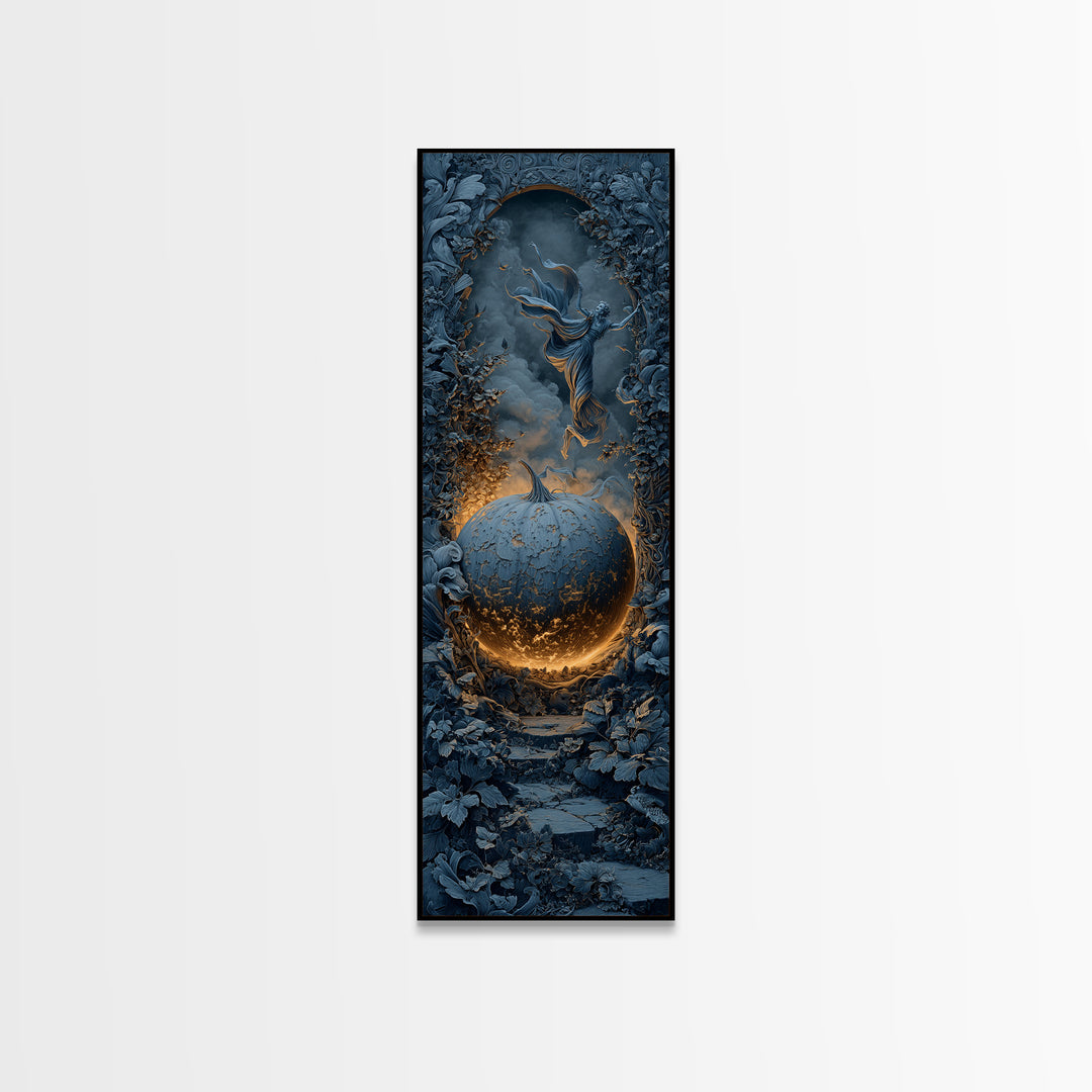 The Moon Inside A Pumpkin, Tall Narrow Wall Art, Macabre Wall Art, Framed Canvas Print, Halloween Wall Decor, Gothic Home Decor