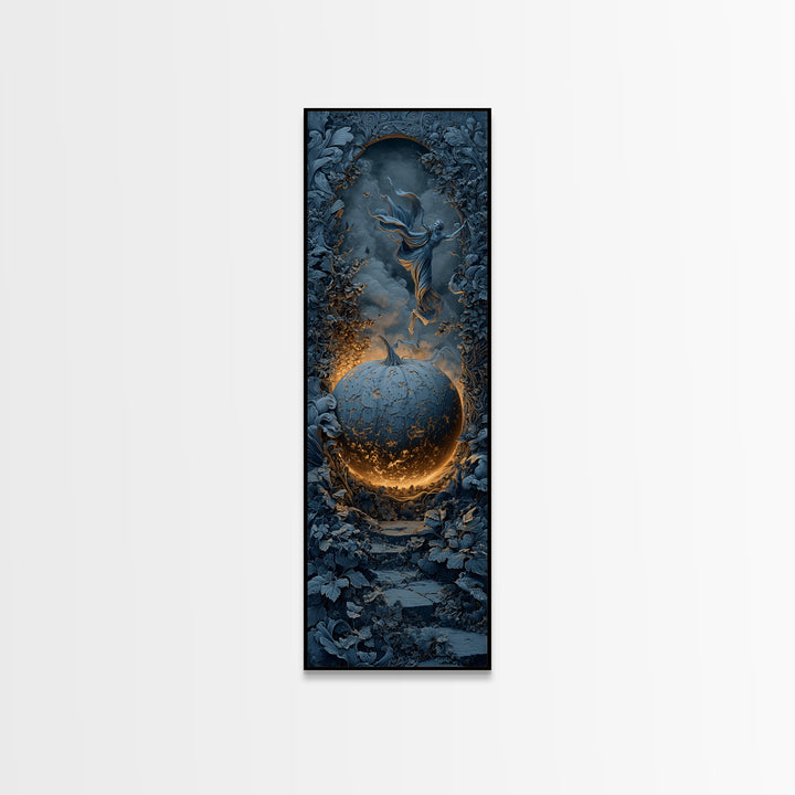 The Moon Inside A Pumpkin, Tall Narrow Wall Art, Macabre Wall Art, Framed Canvas Print, Halloween Wall Decor, Gothic Home Decor
