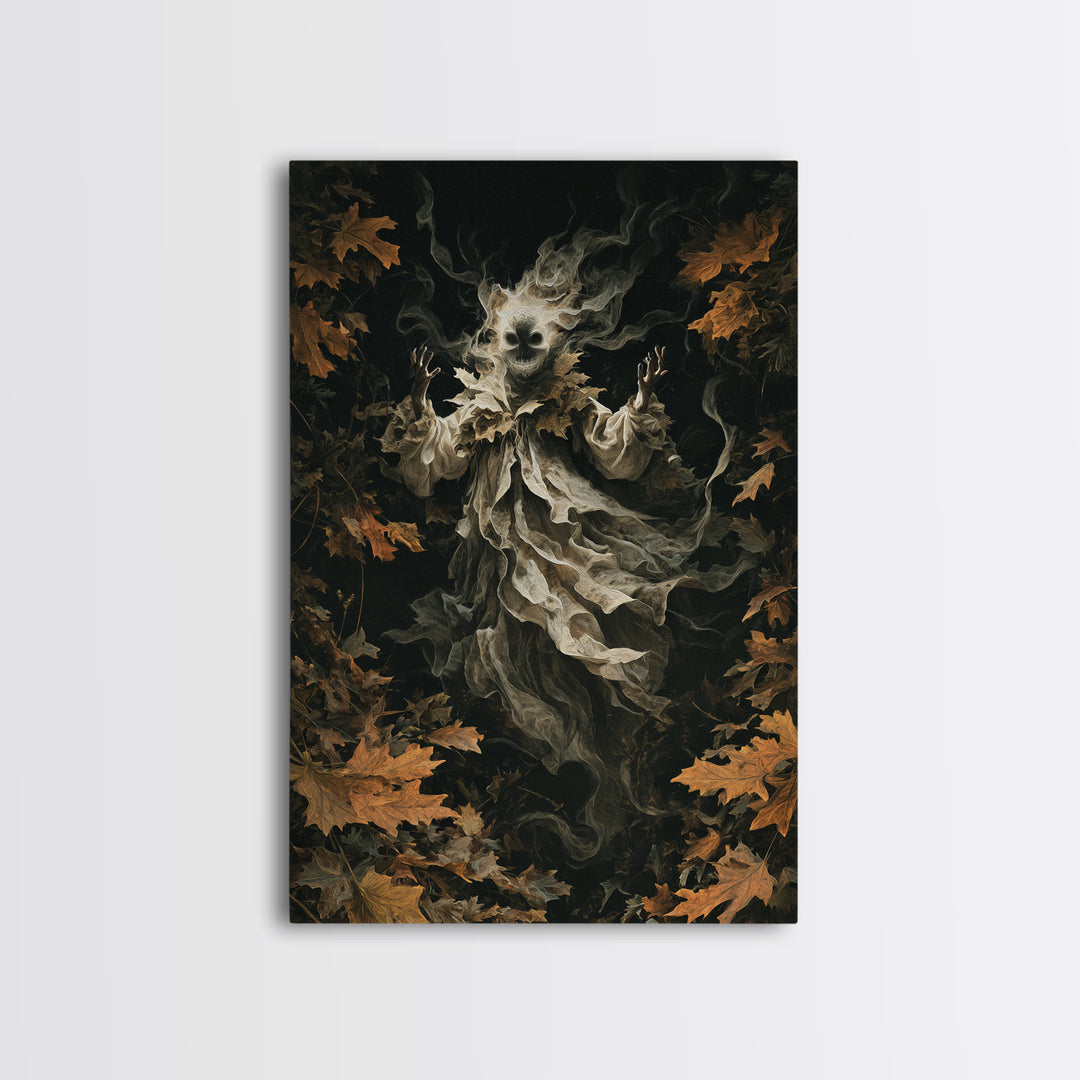 The Autumn-Leaf Ghost, Vertical Wall Art, Gothic Horror Wall Art, Framed Canvas Print, Halloween Wall Decor, Gothic Home Decor