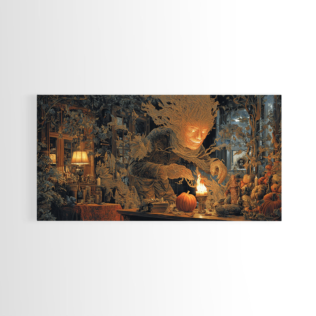 The Autumn-Leaf Ghost, Wide Panoramic Art, Macabre Wall Art, Framed Canvas Print, Halloween Wall Decor, Gothic Home Decor, Spooky Wall Decor